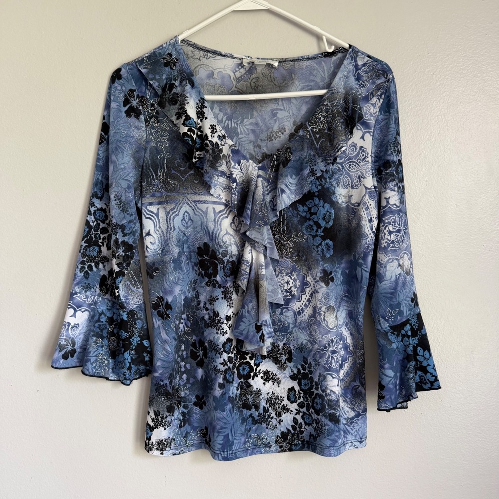 Vintage Y2K Dressbarn Blue Floral Paisley Ruffle V-Neck Bell Sleeve Blouse‎ S